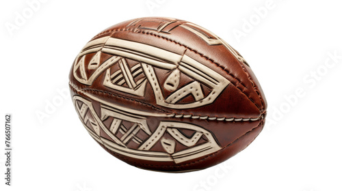 A brown leather ball adorned with an intricate pattern