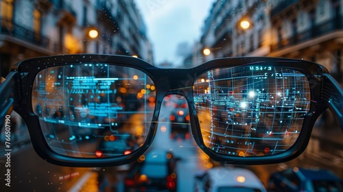 View through smart glasses with a holographic data overlay, providing an interactive augmented reality experience in an urban street setting.
