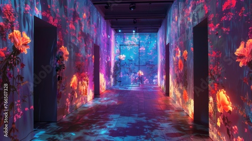 An immersive exhibition corridor with walls projecting vibrant, illuminated flowers creating a magical, interactive walk-through experience.