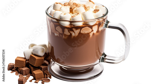 A cozy cup of hot chocolate topped with fluffy marshmallows, steaming with warmth