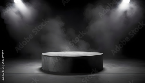 Podium black dark smoke background product platform abstract stage texture fog spotlight. Dark black floor podium dramatic empty night room table concrete wall scene place display studio smoky dust