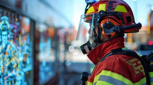 A modern firefighter equipped with advanced protective helmet and gear stands ready for emergency response.