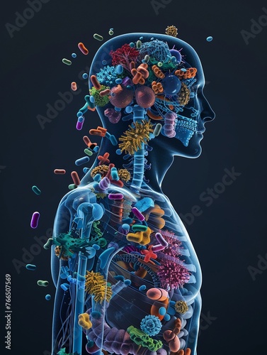 Obraz na płótnie Highlight the role of the microbiome in training the immune system with diverse microbial communities shown in a compelling 3D x-ray artwork. w salonie