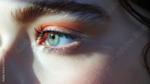 A detailed macro shot of a human eye, enhanced with colorful makeup and capturing the intricate beauty of the iris and lashes.