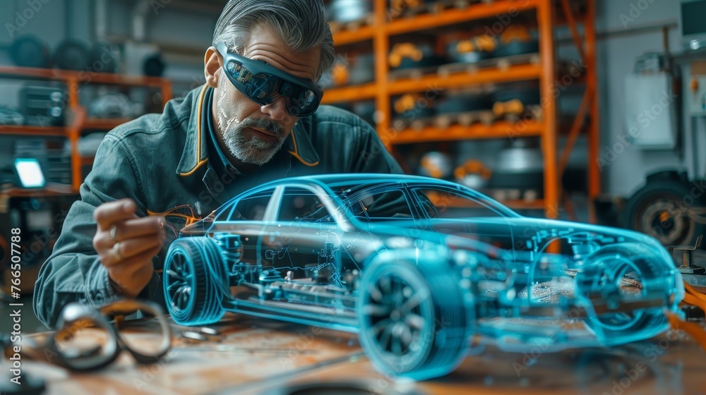 An expert automotive engineer intently studies a holographic augmented reality model of a car for design and analysis in a modern workshop.