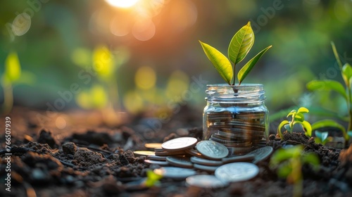 A young plant sprouts from a jar full of coins on fertile soil, symbolizing investment, growth, and sustainable finance in the golden hour light. photo