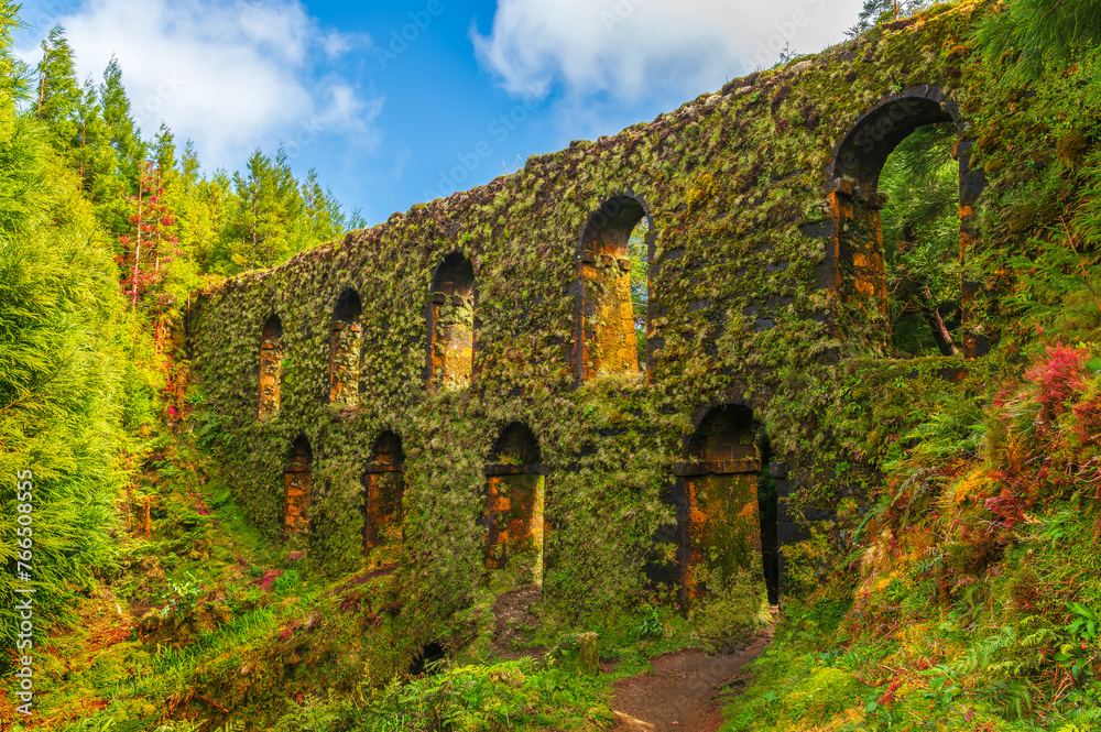 Discover the Muro das Nove Janelas, a mysterious moss-covered aqueduct nestled in the lush forests of Sao Miguel, a relic of Azorean history.
