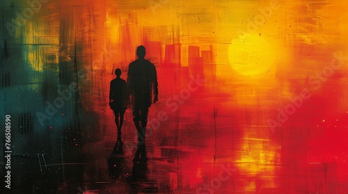 A digital art concept depicting silhouettes of two figures walking against a vibrant, abstract backdrop of an urban sunset.