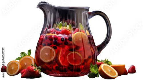 A pitcher brimming with vibrant liquid and fresh fruit slices, creating a colorful and refreshing composition photo