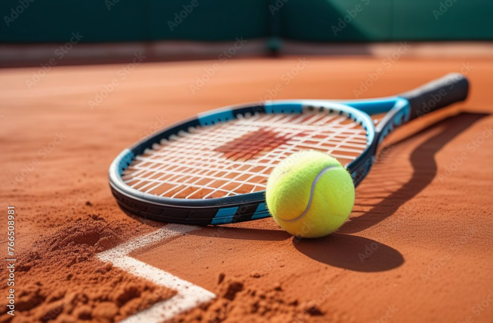 Close-up of a tennis racket and ball on clay court