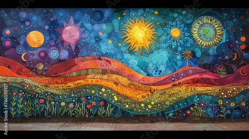 Wall art featuring a celestial landscape with stars, planets, and a flowing terrain, bursting with color and life