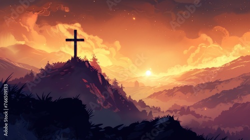 A digital art piece featuring a cross on a hilltop at sunset