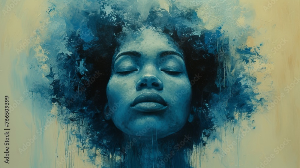 An ethereal painting captures a woman's face in a serene, dreamlike state, submerged in a sea of blue hues and abstract forms