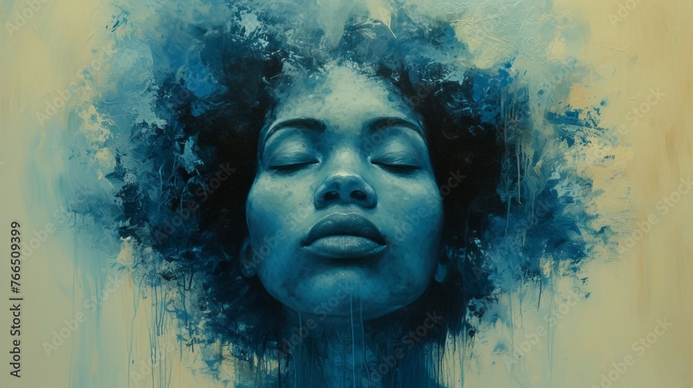 An ethereal painting captures a woman's face in a serene, dreamlike state, submerged in a sea of blue hues and abstract forms An ethereal painting captures a woman's face in a serene, dreamlike state, submerged in a sea of blue hues and abstract forms