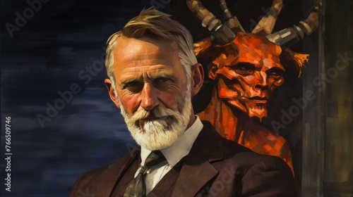 A man with a beard and mustache stands in front of a painting of a demon. The painting is in black and red colors and has a demonic appearance