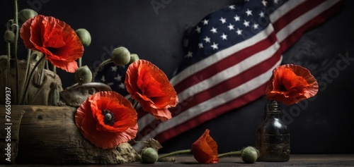 American flag and a poppy flowers with Memorial Day Remember and Honor background