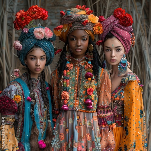 Three women, each with a distinct heritage, are adorned in colorful Indian traditional garments and floral headwraps, capturing a celebration of cultural fashion. 