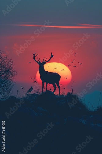 Silhouette of minimalist animals such as deer or birds against a sunset sky.