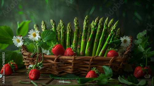 A basket of green asparagus on the table with green leaves and white flowers scattered around, still life illustrations with unusual details, and homemade food. photo