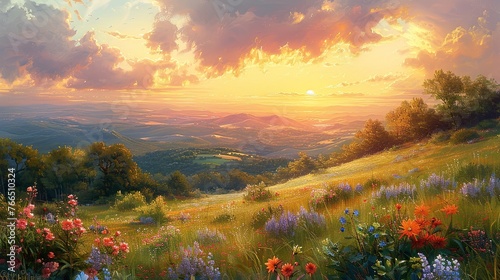 Sunset over poppy field with mountain backdrop. Generative AI
