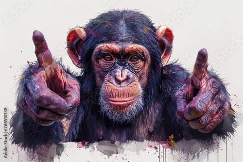 Chimpanzee pointing with a knowing gaze. Generative AI