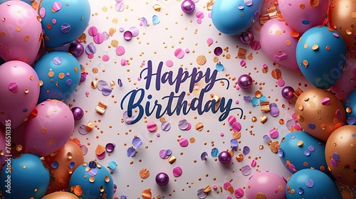 Colorful birthday balloons with confetti. Generative AI