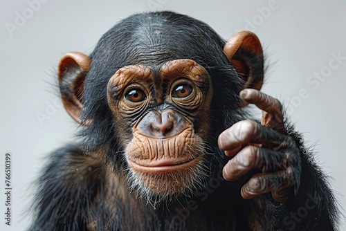 Chimpanzee pointing with a knowing gaze. Generative AI
