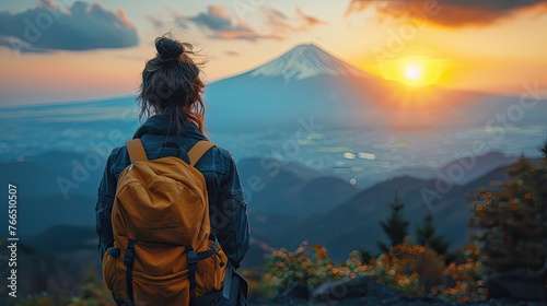 Lone hiker facing a majestic sunrise. Generative AI © crisagperez