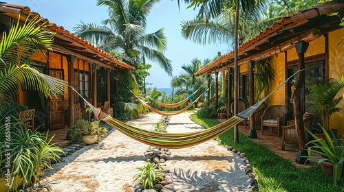Relaxing tropical hammock between beach bungalows. Generative AI