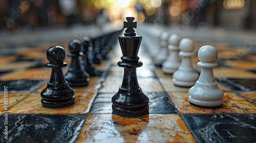 Lone white pawn facing black chess pieces. Generative AI