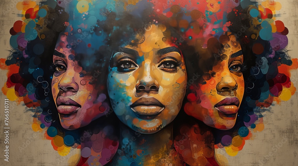 A triptych-style artwork displays three facets of a woman's face in urban hues, symbolizing the dynamic essence of city life and feminine strength.