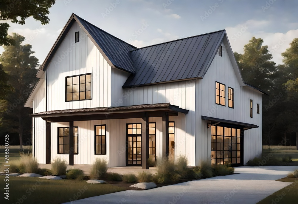 Home architecture design in Modern Farmhouse Style with Gabled roof constructed by Board and Batten  