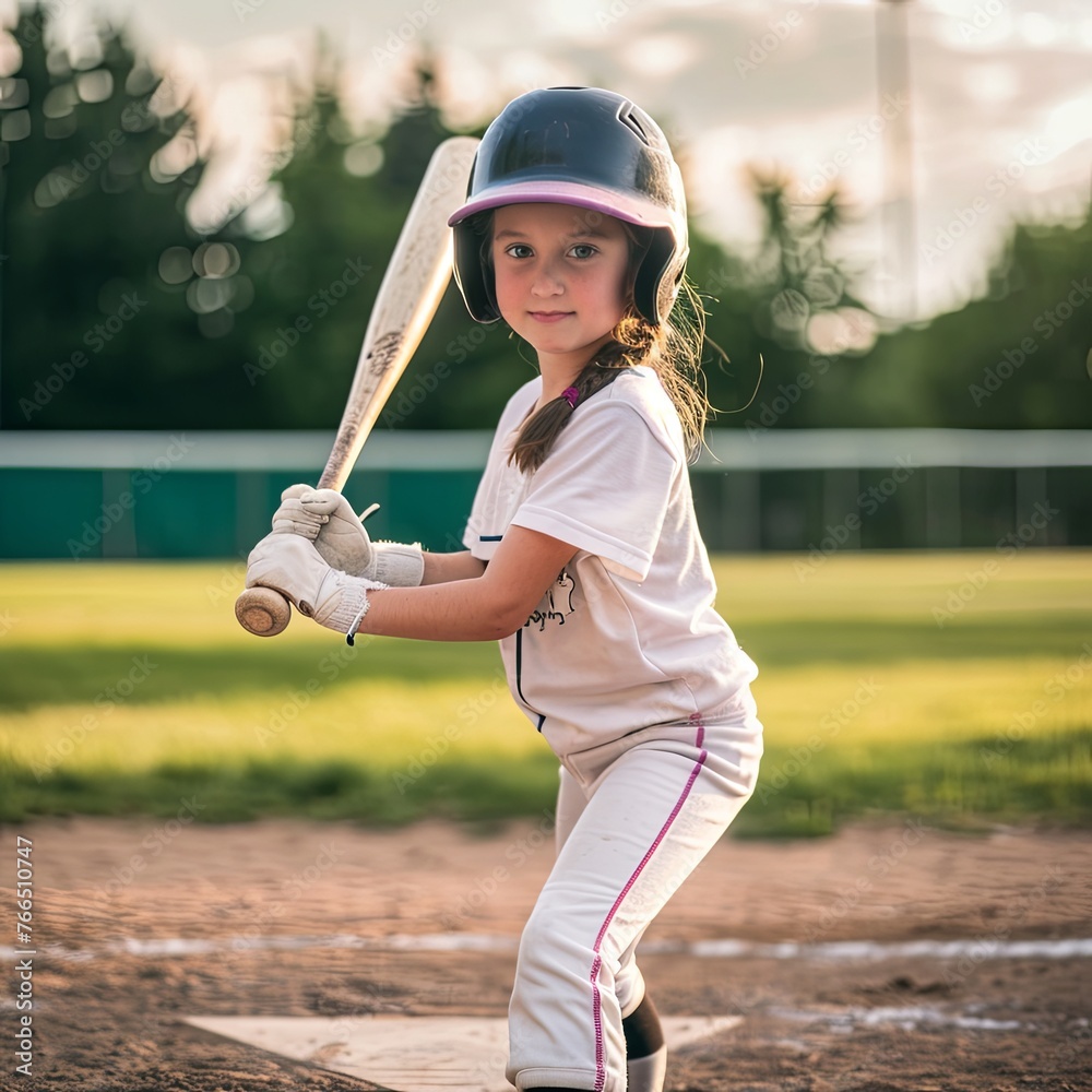 Obraz premium girl holding baseball bat standing at Home Plate playing Little League Baseball in the park