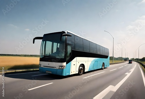 An intercity large and spacious bus travels along the highway