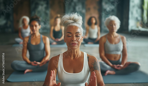 Portrait of middle-aged female couch while she calmly meditating with group doing yoga breathing exercises. Active people, Oriental practices in common life, sport and mental health concept image