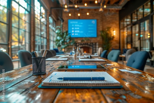 Conference room with digital presentation screen, organized notepads, pens, and tablets on a polished wooden table, in a loft-style office with large windows