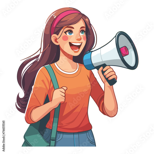 Happy young Woman with holding megaphone screaming colorful vector