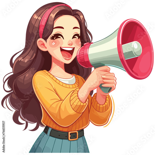 Happy young Woman with holding megaphone screaming colorful vector