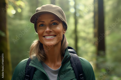 Close-up, realistic HD image of a middle-aged female environmentalist's hopeful smile, set against the backdrop of a green, lush forest
