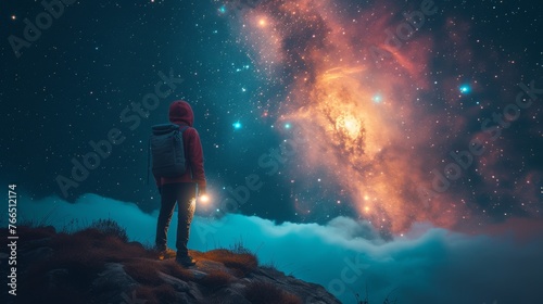 A lone traveler stands on a ridge  backlit by a magnificent cosmic nebula  highlighting the vastness of space.