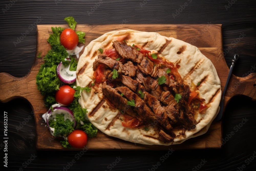 Tempting doner kebab on a wooden board against a chenille fabric background Tempting doner kebab on a wooden board against a chenille fabric background