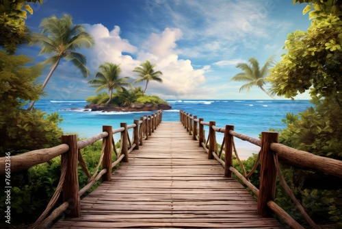 Beach with wooden bridge. Clear blue sky and clouds on sea. Summer  travel and vacation theme.