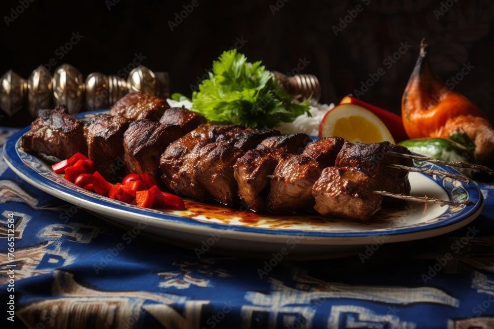 Tasty kebab on a porcelain platter against a chenille fabric background