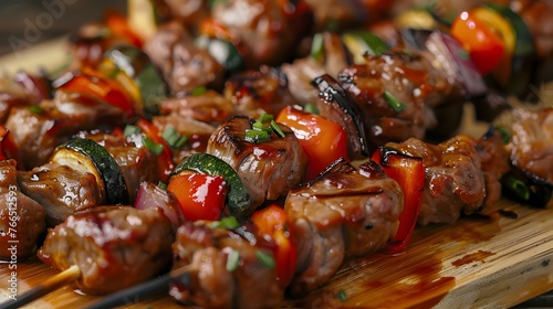 Chargrilled Meat and Vegetable Skewers on Rustic Wooden Platter for Outdoor Dining or Barbecue
