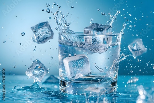 Falling Ice Cubes Splashing Into Refreshing Glass of Water on Blue Background