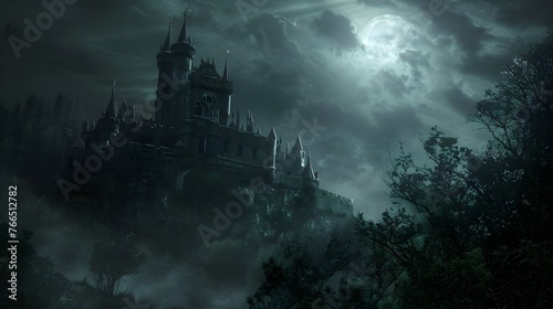 Haunting Silhouette of Eerie Abandoned Castle Under Ominous Moonlit Skies