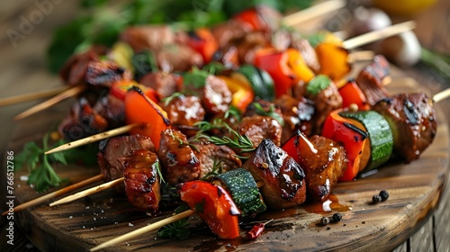 Grilled Meat and Vegetable Skewers on Rustic Wooden Board with Spices
