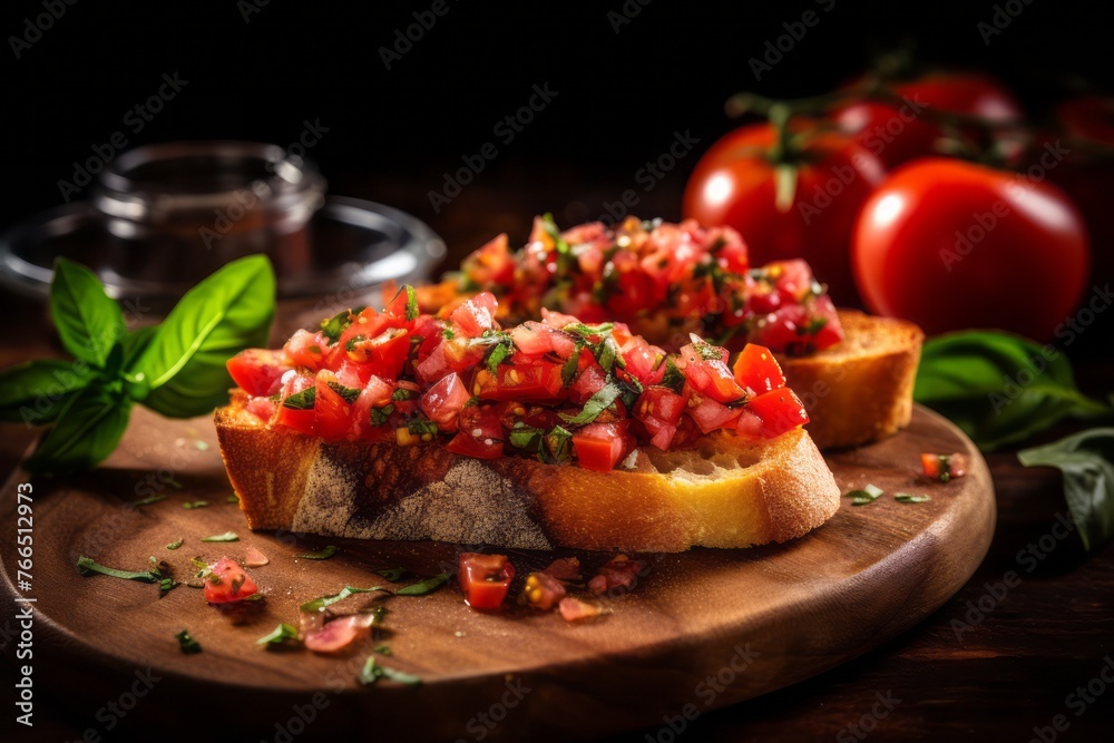 Juicy bruschetta on a wooden board against a chenille fabric background