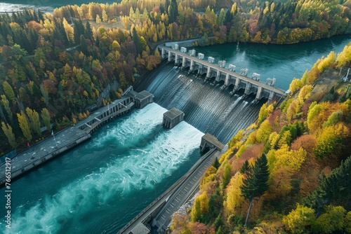 Aerial view of a large hydro electric facility. photo