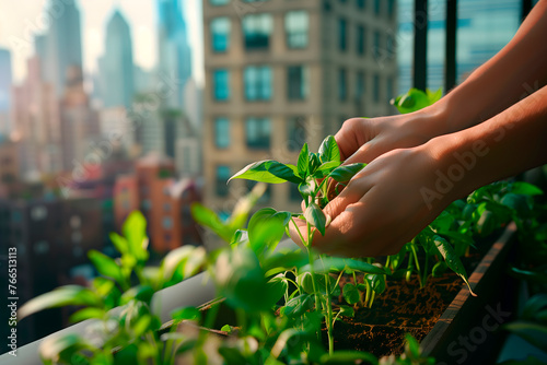 Hands planting in an urban farm on a terrace, with a blurred cityscape in the background